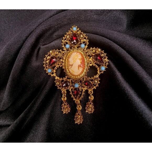 Rare Find Vintage FLORENZA Victorian Style Gold Tone Cameo Brooch - Picture 1 of 5
